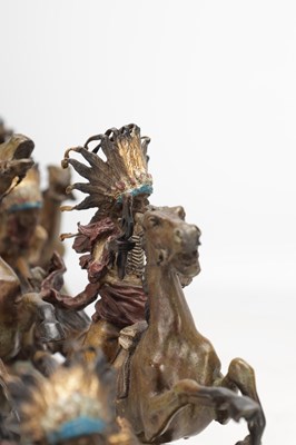 Lot 1097 - CARL KAUBA (AUSTRIAN, 1865-1922) A LARGE COLD PAINTED BRONZE FIGURAL GROUP OF NATIVE AMERICAN WARRIORS ON HORSEBACK