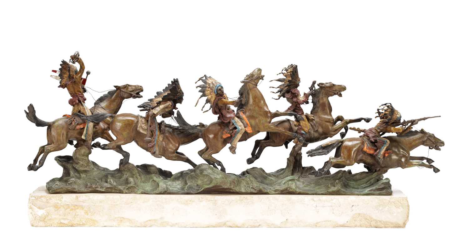 Lot 1097 - CARL KAUBA (AUSTRIAN, 1865-1922) A LARGE COLD PAINTED BRONZE FIGURAL GROUP OF NATIVE AMERICAN WARRIORS ON HORSEBACK