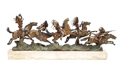 Lot 1097 - CARL KAUBA (AUSTRIAN, 1865-1922) A LARGE COLD PAINTED BRONZE FIGURAL GROUP OF NATIVE AMERICAN WARRIORS ON HORSEBACK