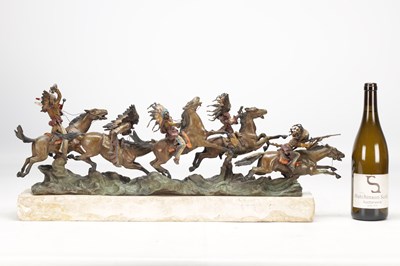 Lot 1097 - CARL KAUBA (AUSTRIAN, 1865-1922) A LARGE COLD PAINTED BRONZE FIGURAL GROUP OF NATIVE AMERICAN WARRIORS ON HORSEBACK