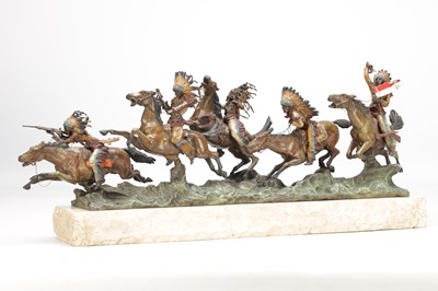Lot 1097 - CARL KAUBA (AUSTRIAN, 1865-1922) A LARGE COLD PAINTED BRONZE FIGURAL GROUP OF NATIVE AMERICAN WARRIORS ON HORSEBACK