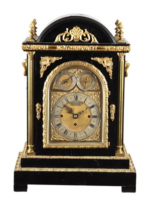 Lot 1240 - PB BRADFORD, LONDON, A LARGE LATE 19TH CENTURY ORMOLU MOUNTED EBONISED QUARTER CHIMING BRACKET CLOCK