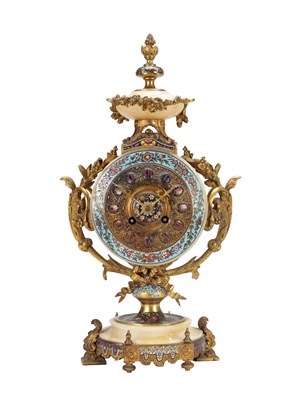 Lot 1175 - A 19TH CENTURY FRENCH ONYX AND CHAMPLEVE ENAMEL EIGHT-DAY MANTEL CLOCK