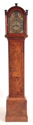 Lot 1227 - WILLIAM HARRIS, LONDON. AN EARLY 18TH CENTURY FIGURED WALNUT EIGHT-DAY LONGCASE CLOCK