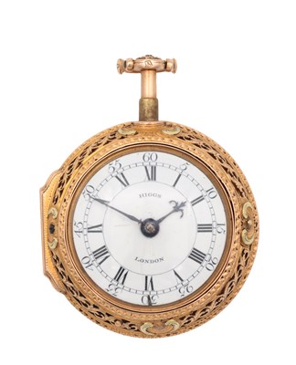 Lot 333 - ROBERT & PETER HIGGS, LONDON, AN EARLY GEORGE III GOLD PAIR CASE REPOUSSE HALF QUARTER REPEATING VERGE POCKET WATCH