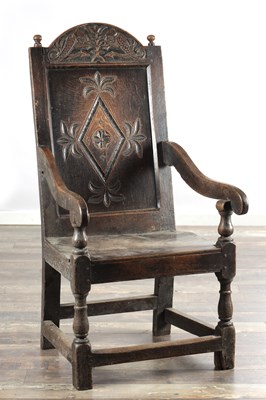 Lot 1543 - A 17TH CENTURY YORKSHIRE OAK WAINSCOT ARMCHAIR