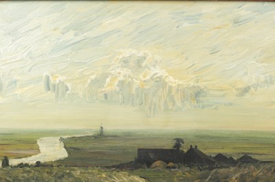 Lot 966 - EDWARD SEAGO RWS (BRITISH, 1910-1974) AN OIL ON BOARD LANDSCAPE WITH WINDMILL
