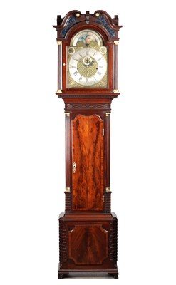 Lot 1259 - JOSEPH FINNEY, LIVERPOOL. A GEORGE III FIGURED MAHOGANY MUSICAL LONGCASE CLOCK