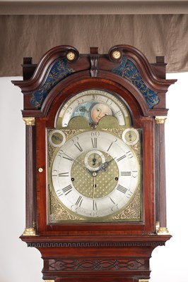 Lot 1259 - JOSEPH FINNEY, LIVERPOOL. A GEORGE III FIGURED MAHOGANY MUSICAL LONGCASE CLOCK