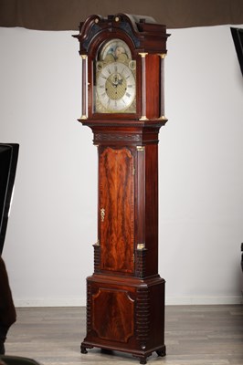 Lot 1259 - JOSEPH FINNEY, LIVERPOOL. A GEORGE III FIGURED MAHOGANY MUSICAL LONGCASE CLOCK