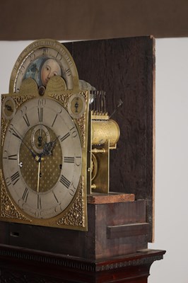 Lot 1259 - JOSEPH FINNEY, LIVERPOOL. A GEORGE III FIGURED MAHOGANY MUSICAL LONGCASE CLOCK
