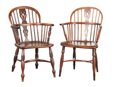 Lot 1502 - TWO YEW WOOD LOW-BACK WINDSOR ARMCHAIRS